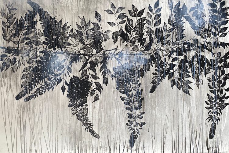 Wisteria, Sumi ink, acrylic ink, and charcoal on Mylar on panel.