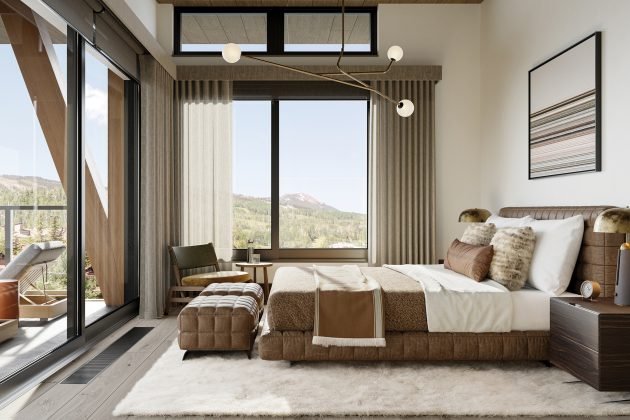 The primary bedroom in the Sky Chalet in Snowmass.