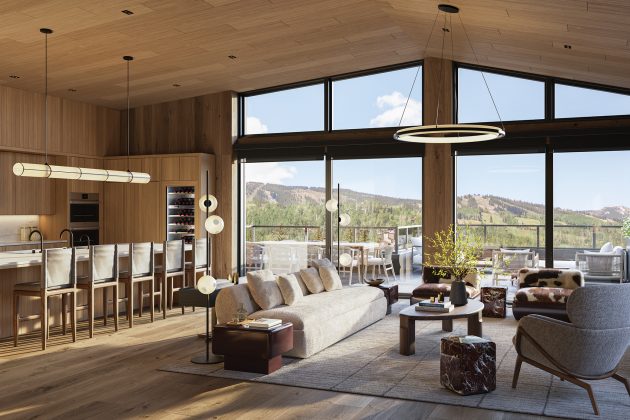 A large living space and kitchen bar in one of the Sky Cabins.