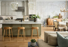 A Botanical Inspired Kitchen with Modern Comfort Open floor plan kitchen by Julie Kay Design Studio.