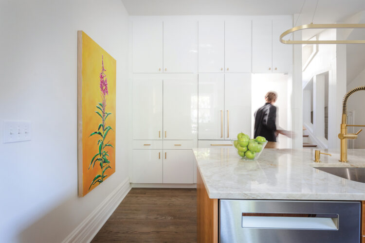 Remodeled kitchen with island and cabinets by ZOB Design Studio and Sustainabuilt.