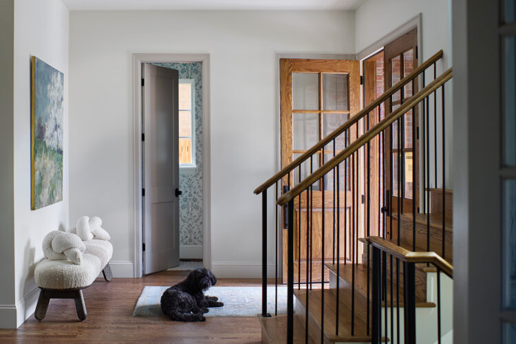 A dog lays in the entryway of the 2026 Home & Garden Colorado Designer Showhouse.