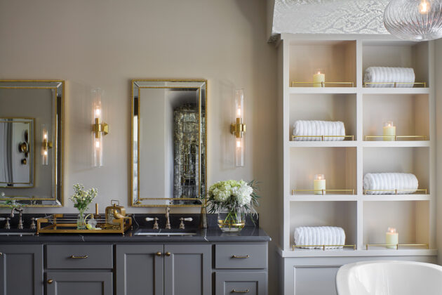 Bathroom sinks and shelving in the 2026 Home & Garden Colorado Designer Showhouse.