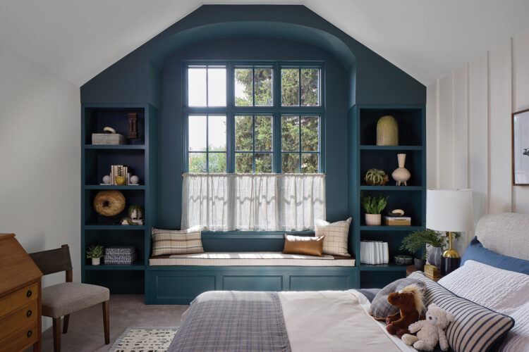Large window with window seat in the boy/teen bedroom in the 2026 Home & Garden Colorado Designer Showhouse.
