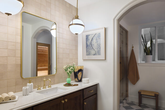 Bathroom sinks and mirror in the wellness retreat in the 2026 Home & Garden Colorado Designer Showhouse.