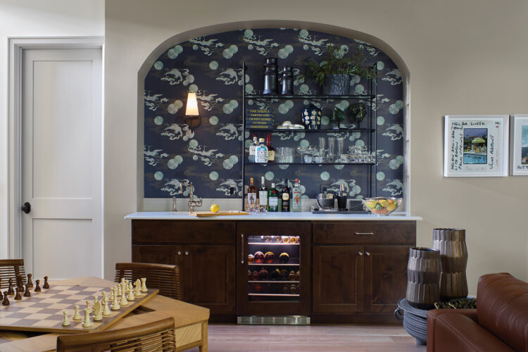 The bar area in the rec room in the 2026 Home & Garden Colorado Designer Showhouse.