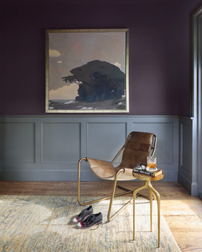 Close up shot of side chair and artwork in the office of the 2026 Home & Garden Colorado Designer Showhouse.